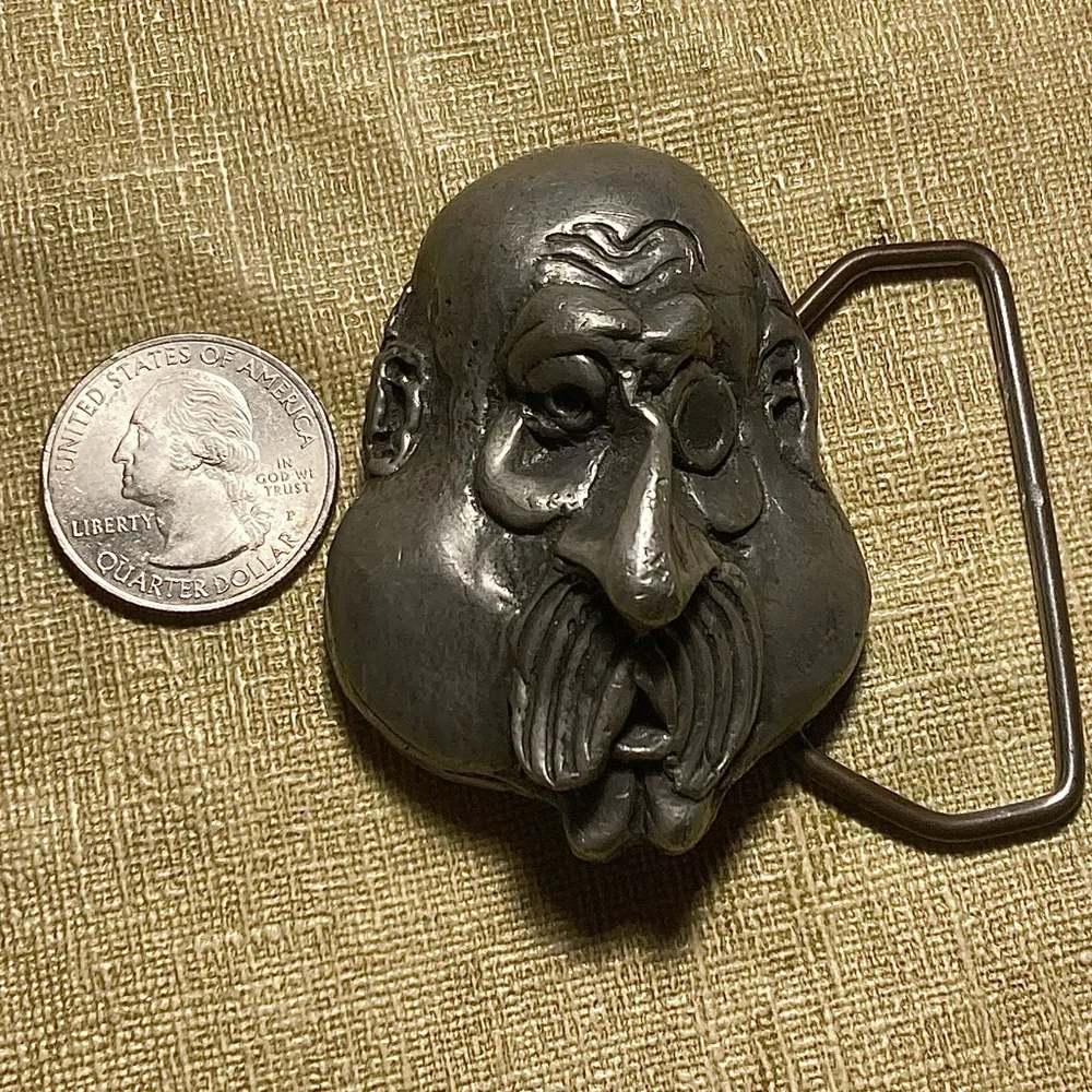 Face belt buckle bald man monocle Vintage pewter Indiana Metal Craft
